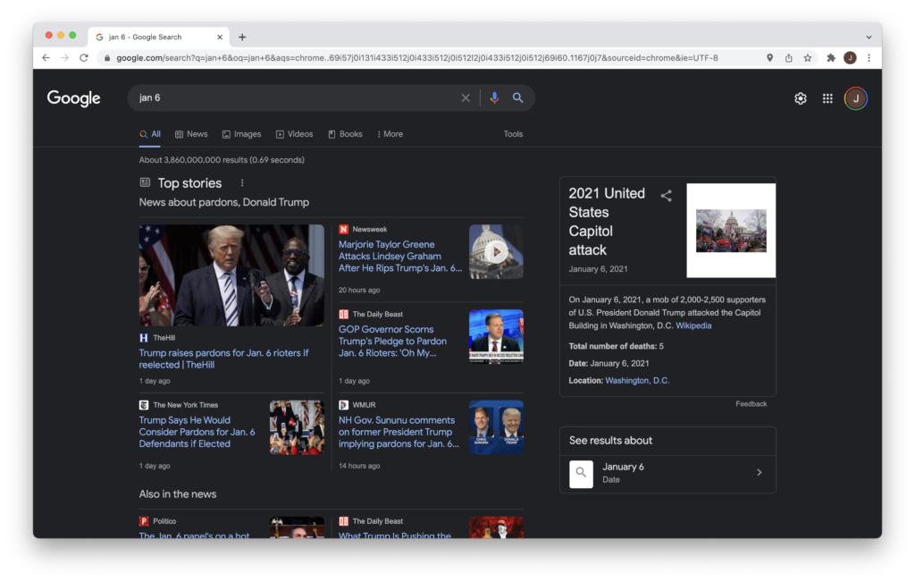 A screenshot of the search results of "Jan 6" in google.com, seen from chrome logged in with my gmail account