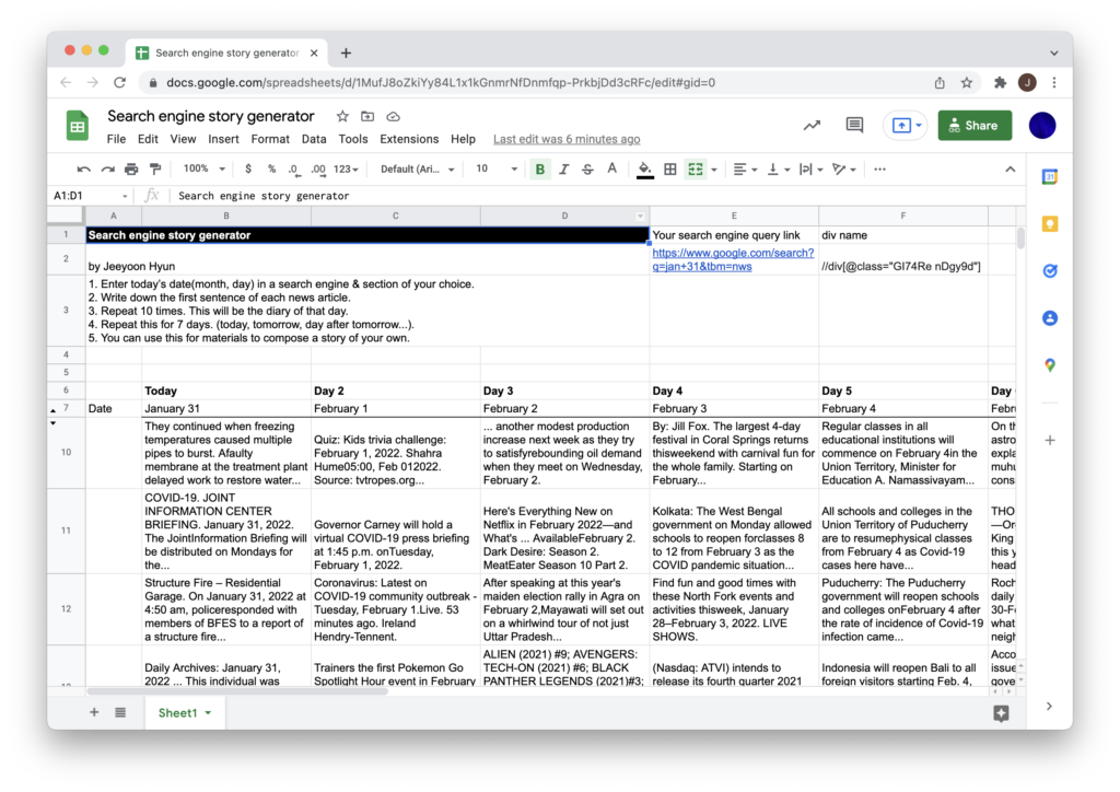 A screenshot of the story geneartion template that automatically collects search results with today's date as queries